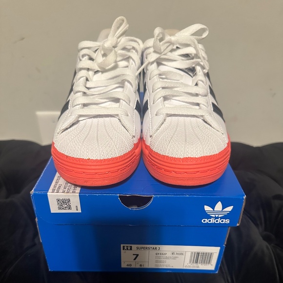 Adidas Superstar J Sneakers – White with Black Stripes & Red-ish Pink Sole - Picture 1 of 5